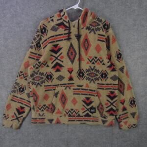 Brooklyn Cloth Hoodie Mens Large Tan Red Aztec Sherpa Fleece Pullover Kangaroo